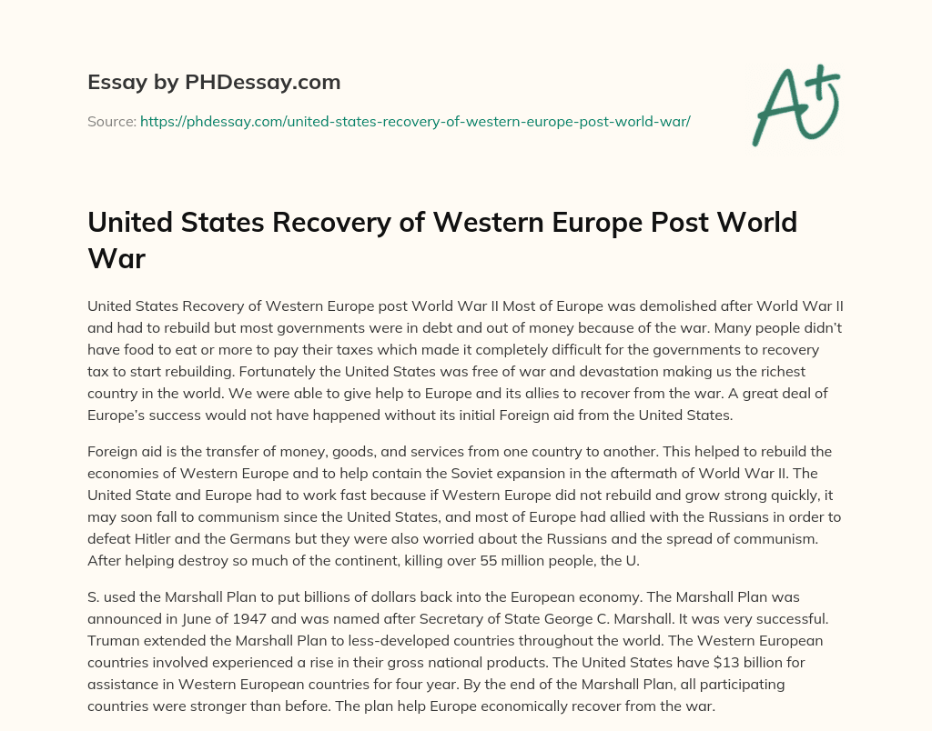 United States Recovery of Western Europe Post World War essay