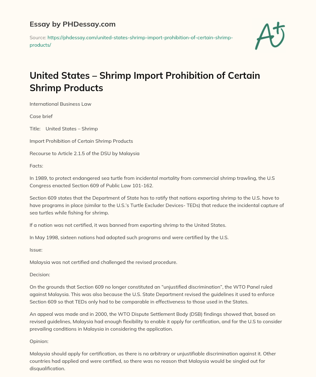 United States – Shrimp Import Prohibition of Certain Shrimp Products essay