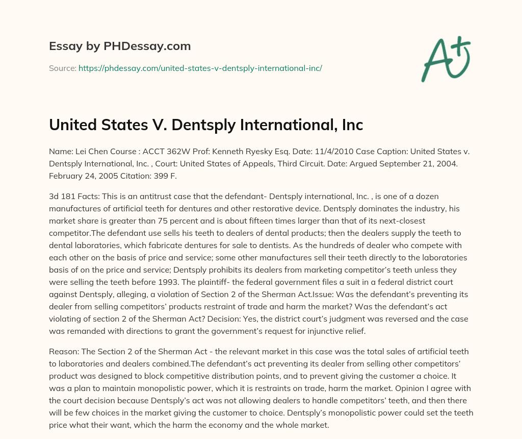 United States V. Dentsply International, Inc essay