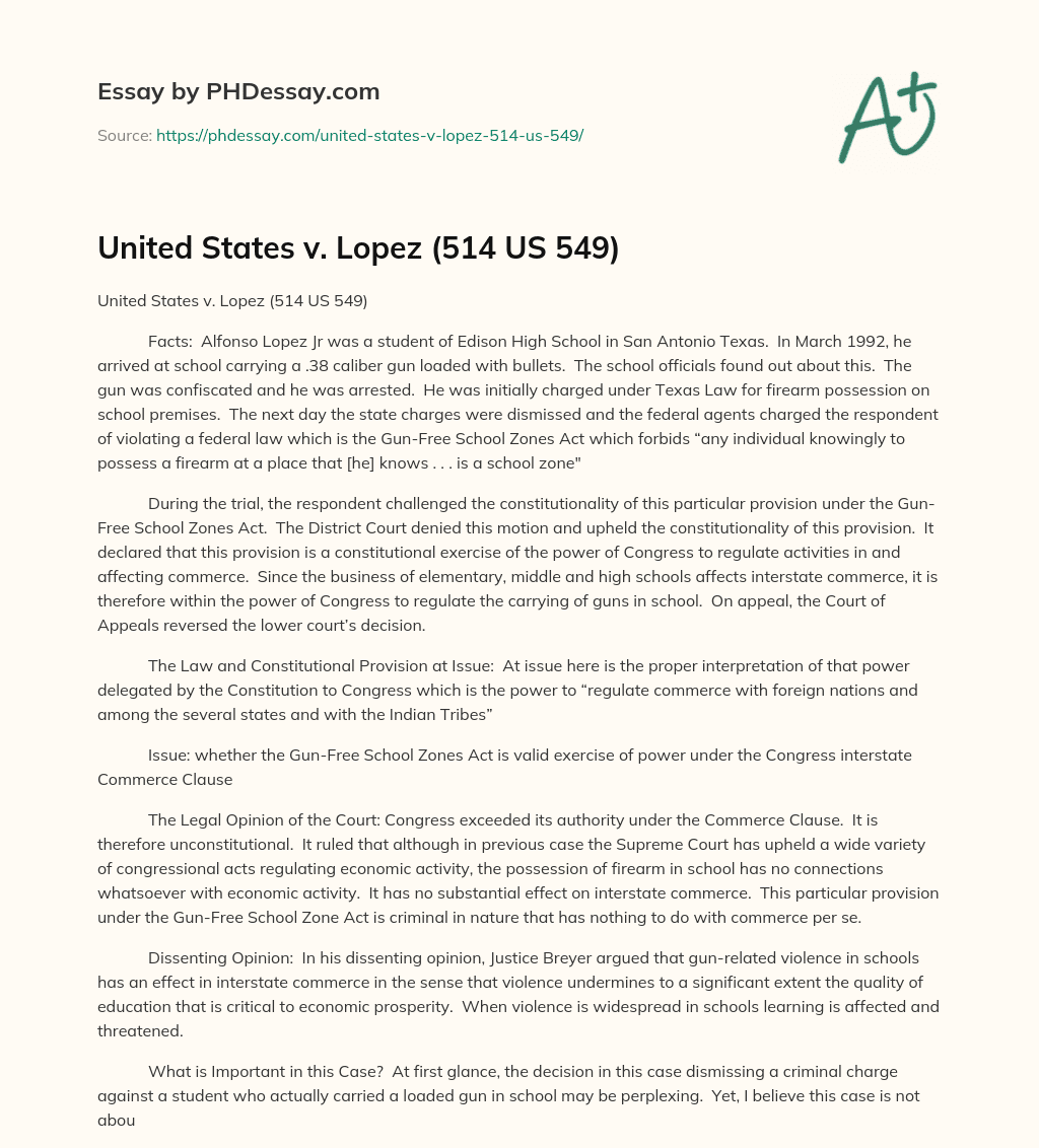 United States v. Lopez (514 US 549) essay