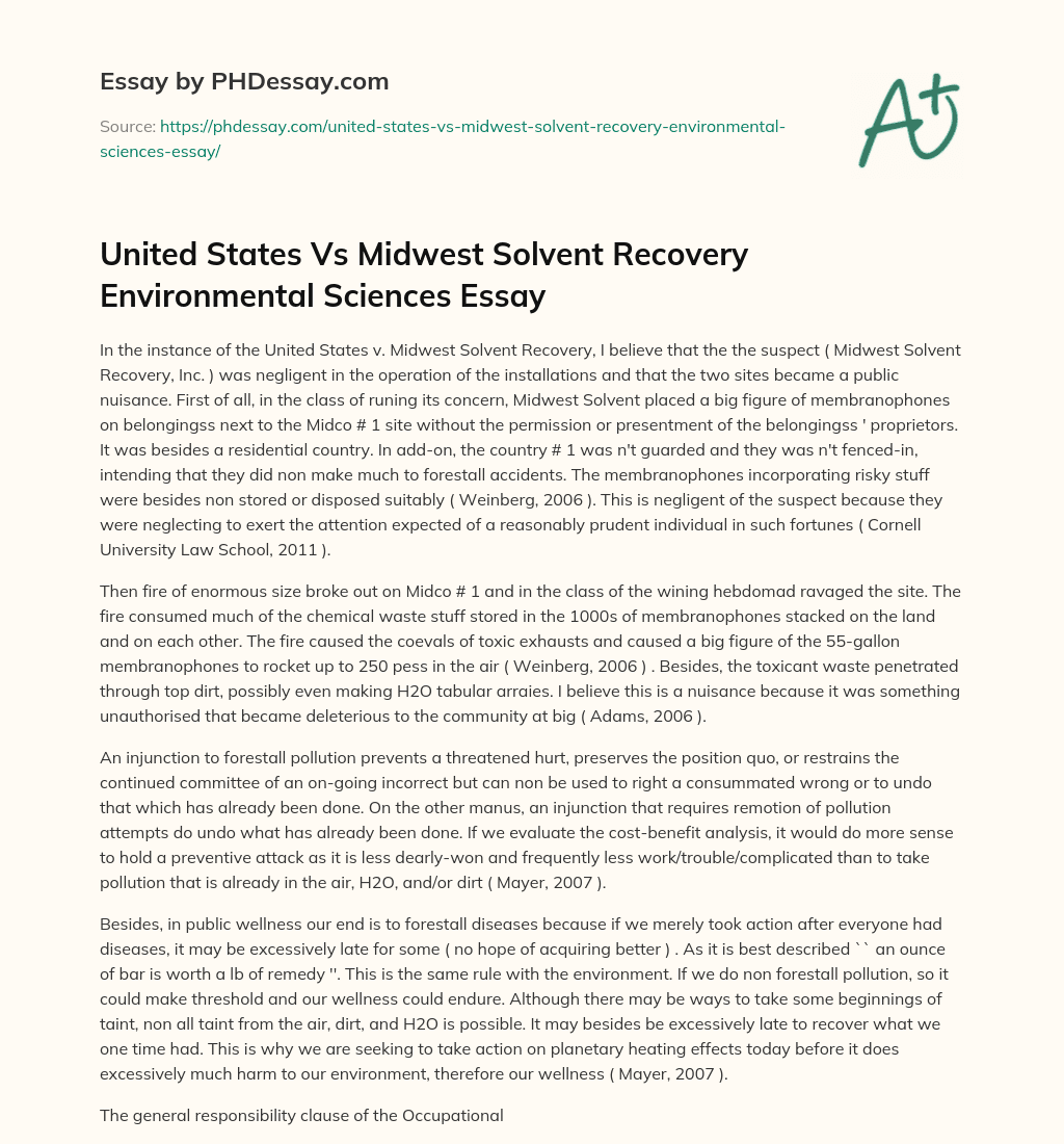 United States Vs Midwest Solvent Recovery Environmental Sciences Essay essay