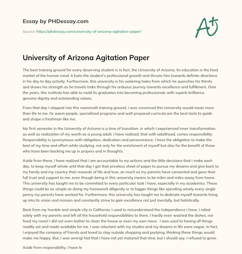 University of Arizona Agitation Paper essay