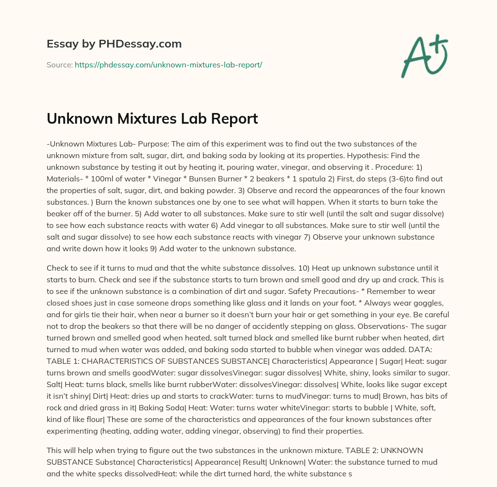 Unknown Mixtures Lab Report essay