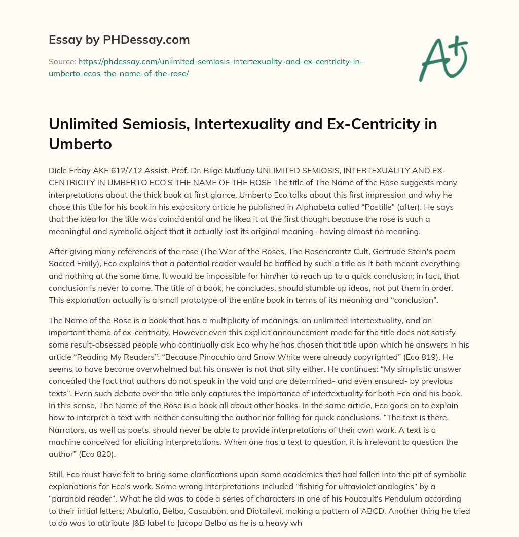 Unlimited Semiosis, Intertexuality and Ex-Centricity in Umberto essay