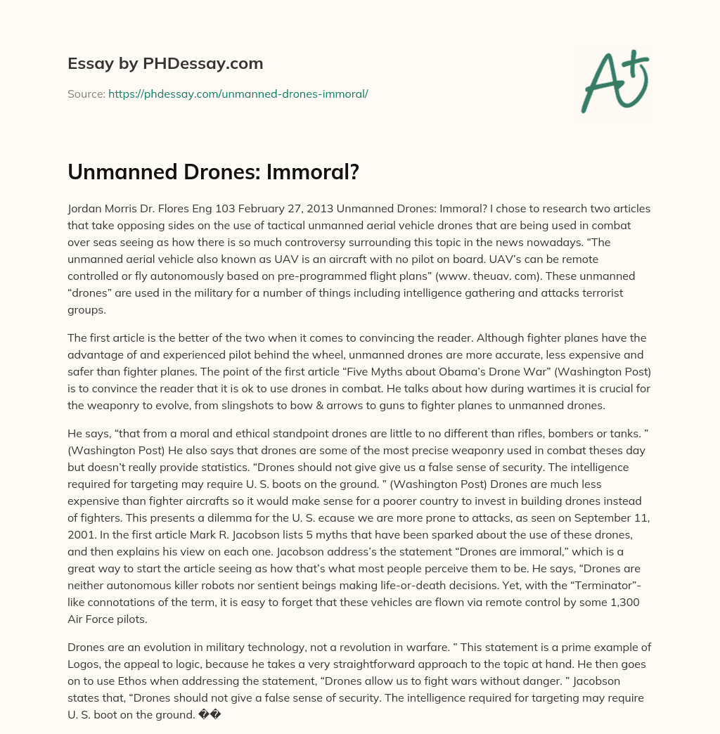 Unmanned Drones: Immoral? essay