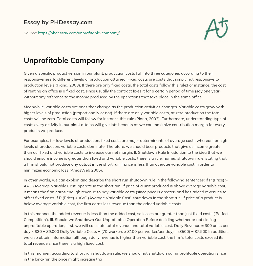 Unprofitable Company essay