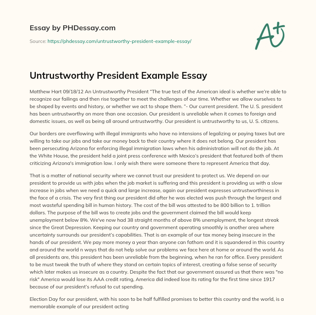 Untrustworthy President Example Essay essay