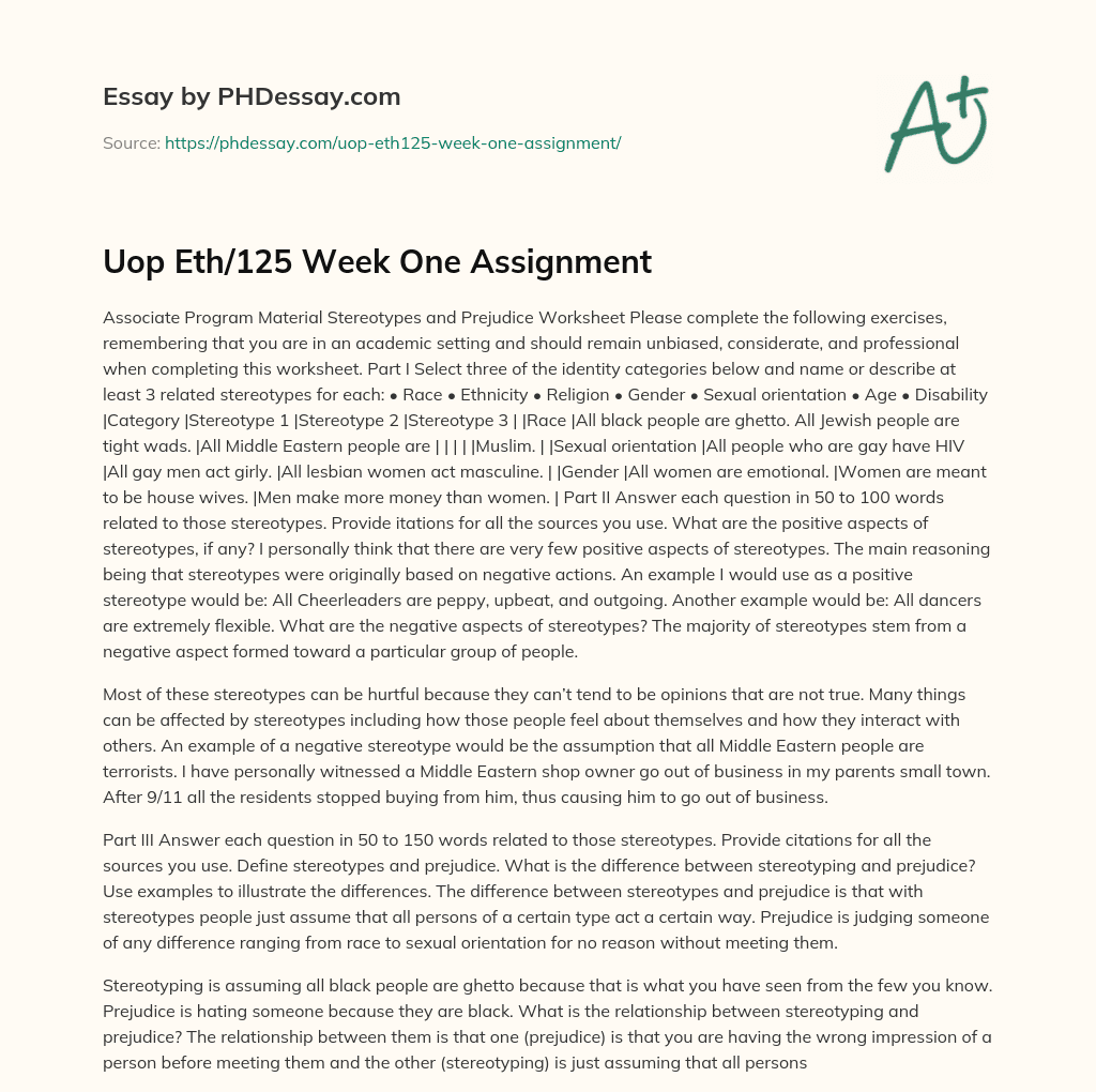 Uop Eth/125 Week One Assignment essay