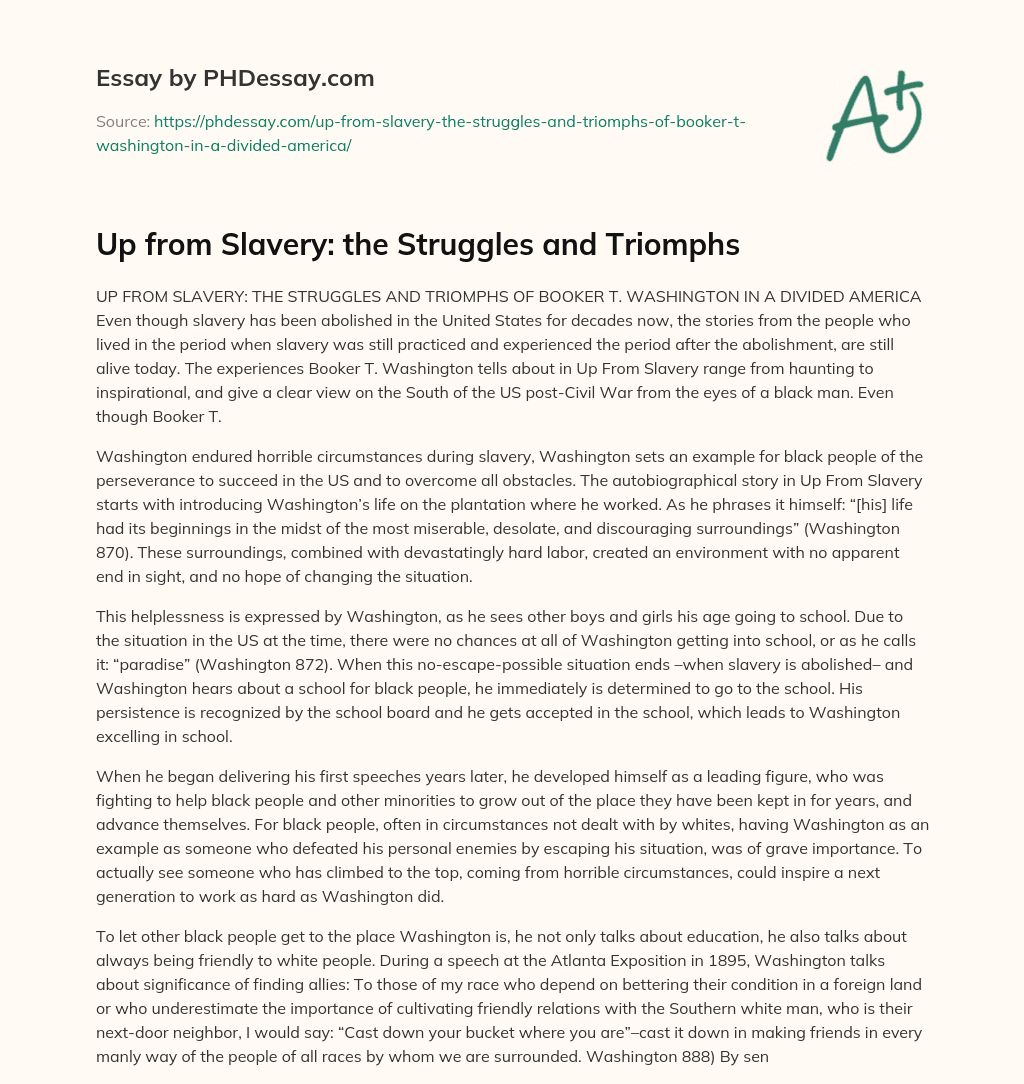 The Struggles and Triomphs of Booker T. Washington in a Divided America essay