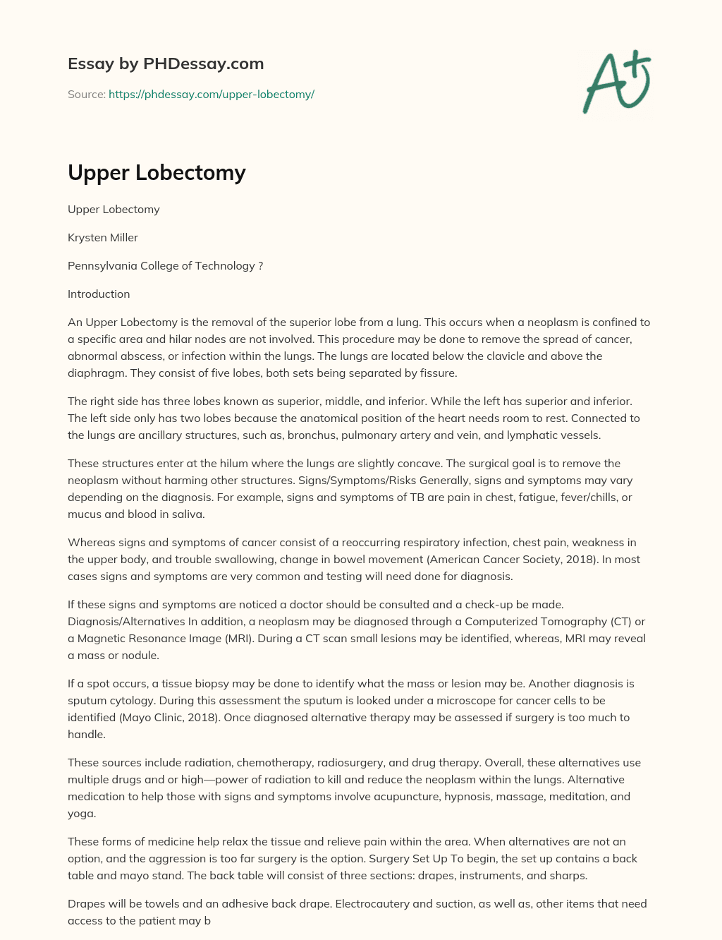 Upper Lobectomy essay