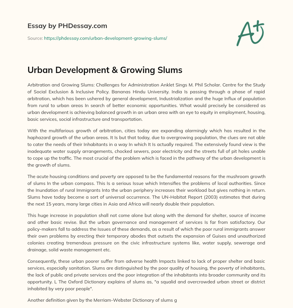 Urban Development & Growing Slums essay