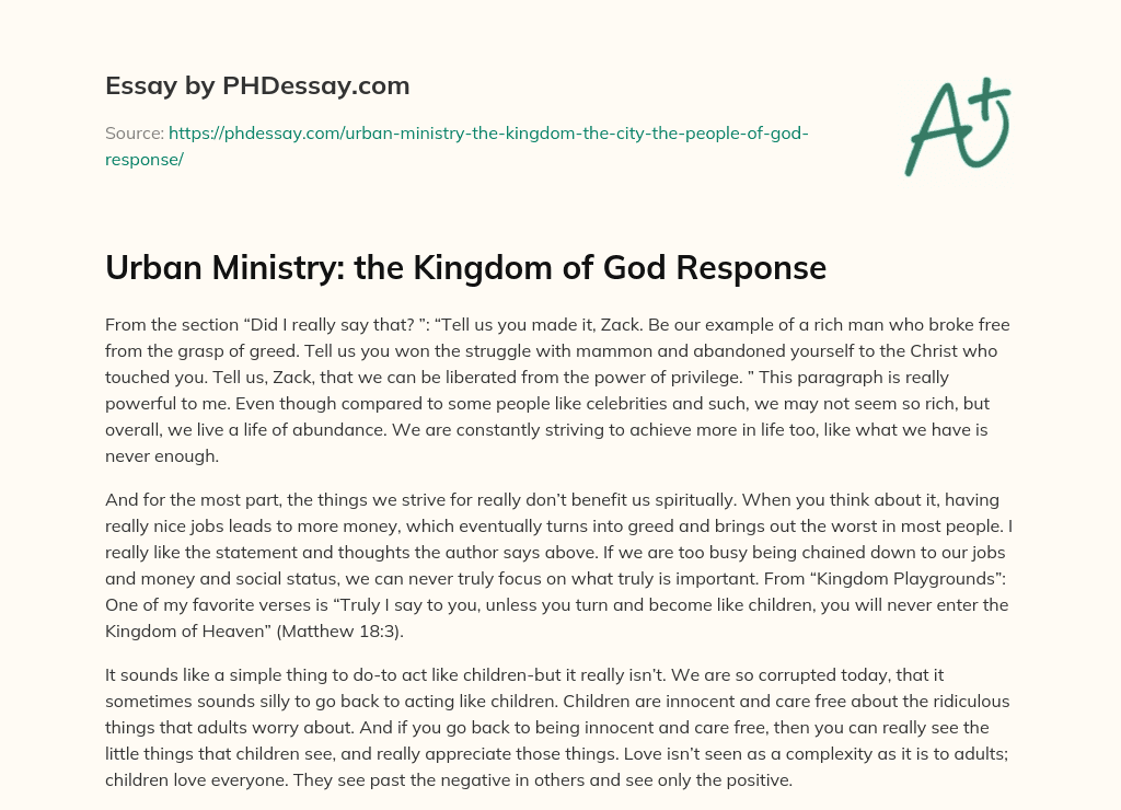 Urban Ministry: the Kingdom of God Response essay