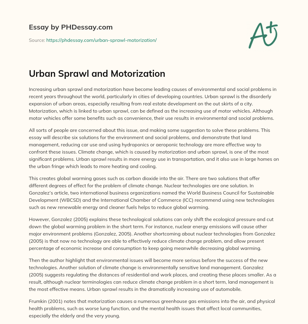 Urban Sprawl and Motorization essay