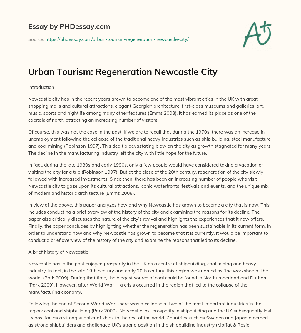 Urban Tourism: Regeneration Newcastle City essay