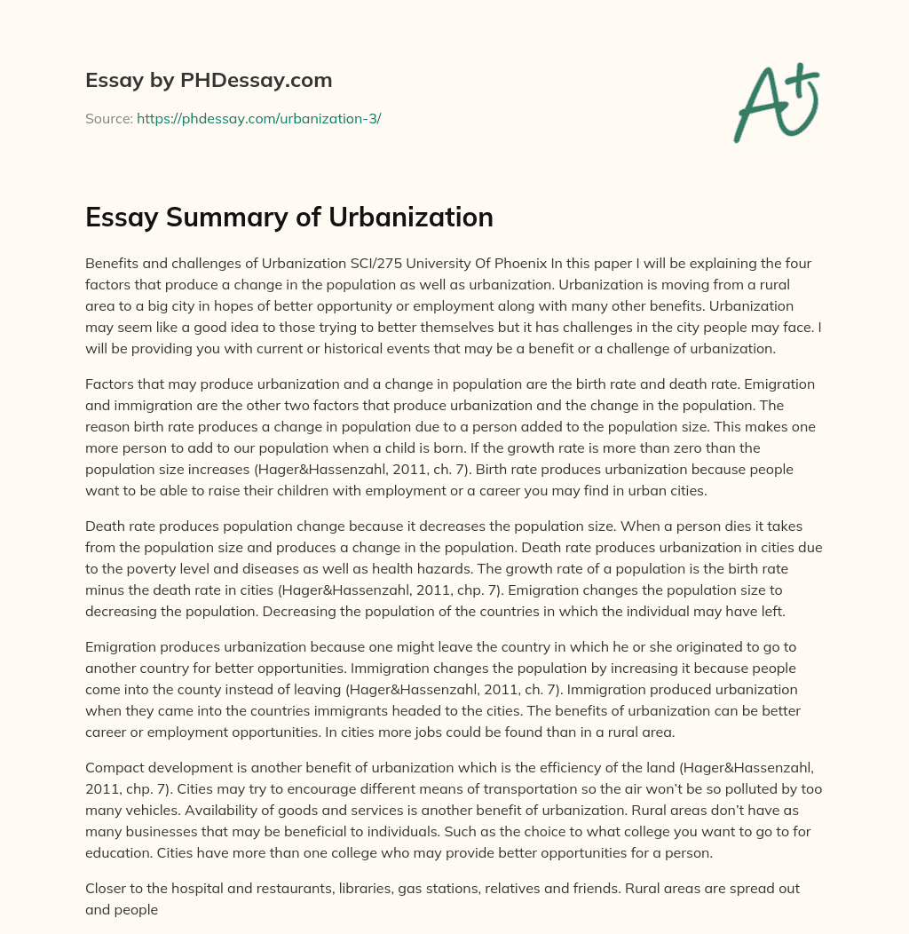 Essay Summary of Urbanization essay