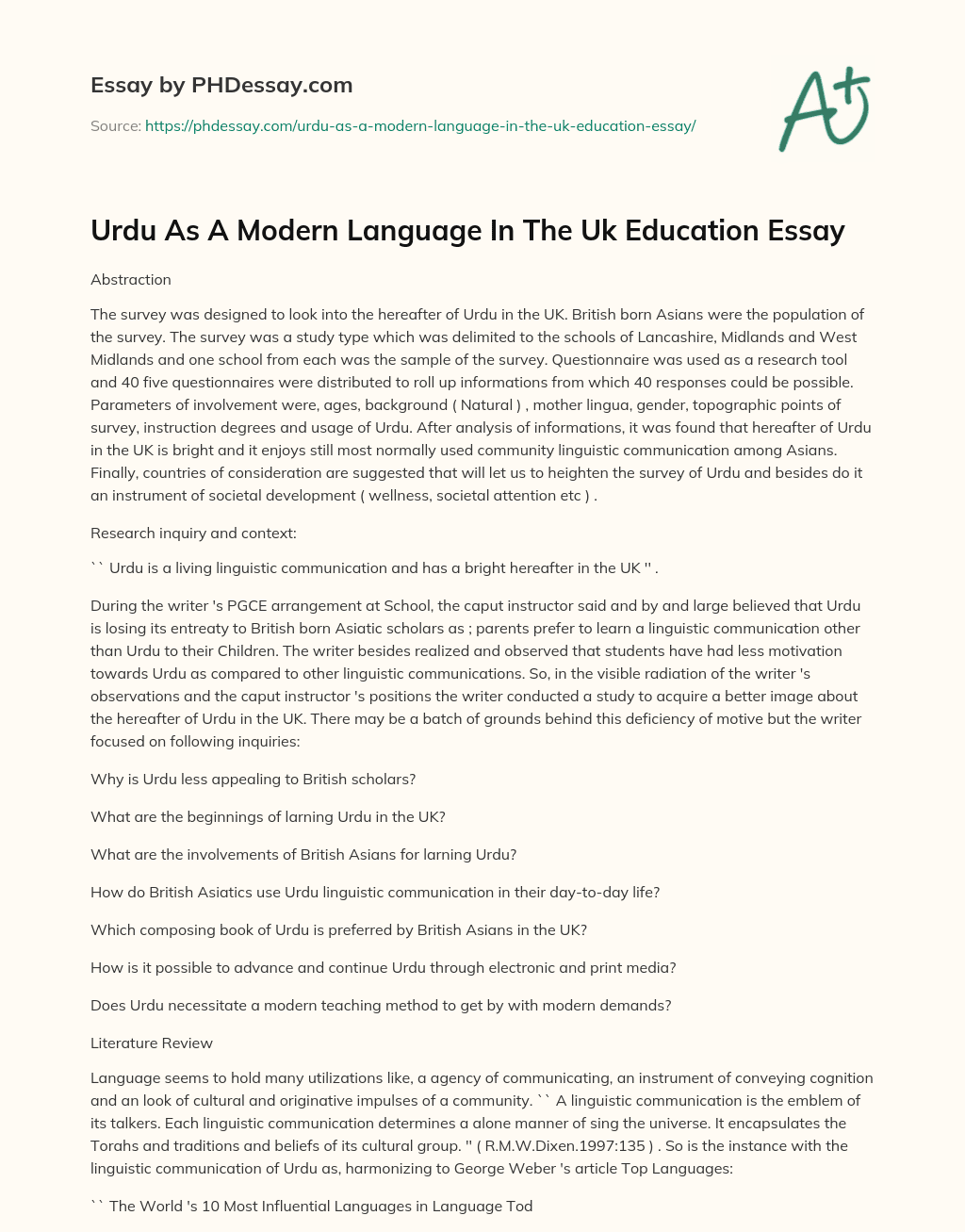 Urdu As A Modern Language In The Uk Education Essay essay