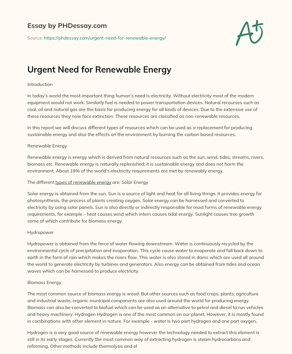 Urgent Need for Renewable Energy essay
