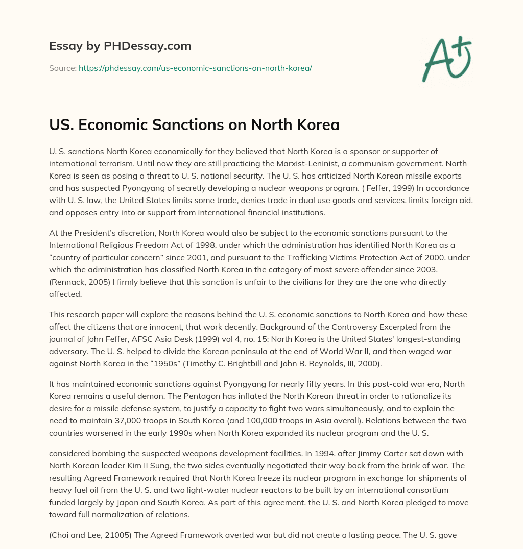 US. Economic Sanctions on North Korea essay