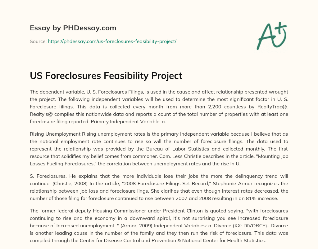 US Foreclosures Feasibility Project essay