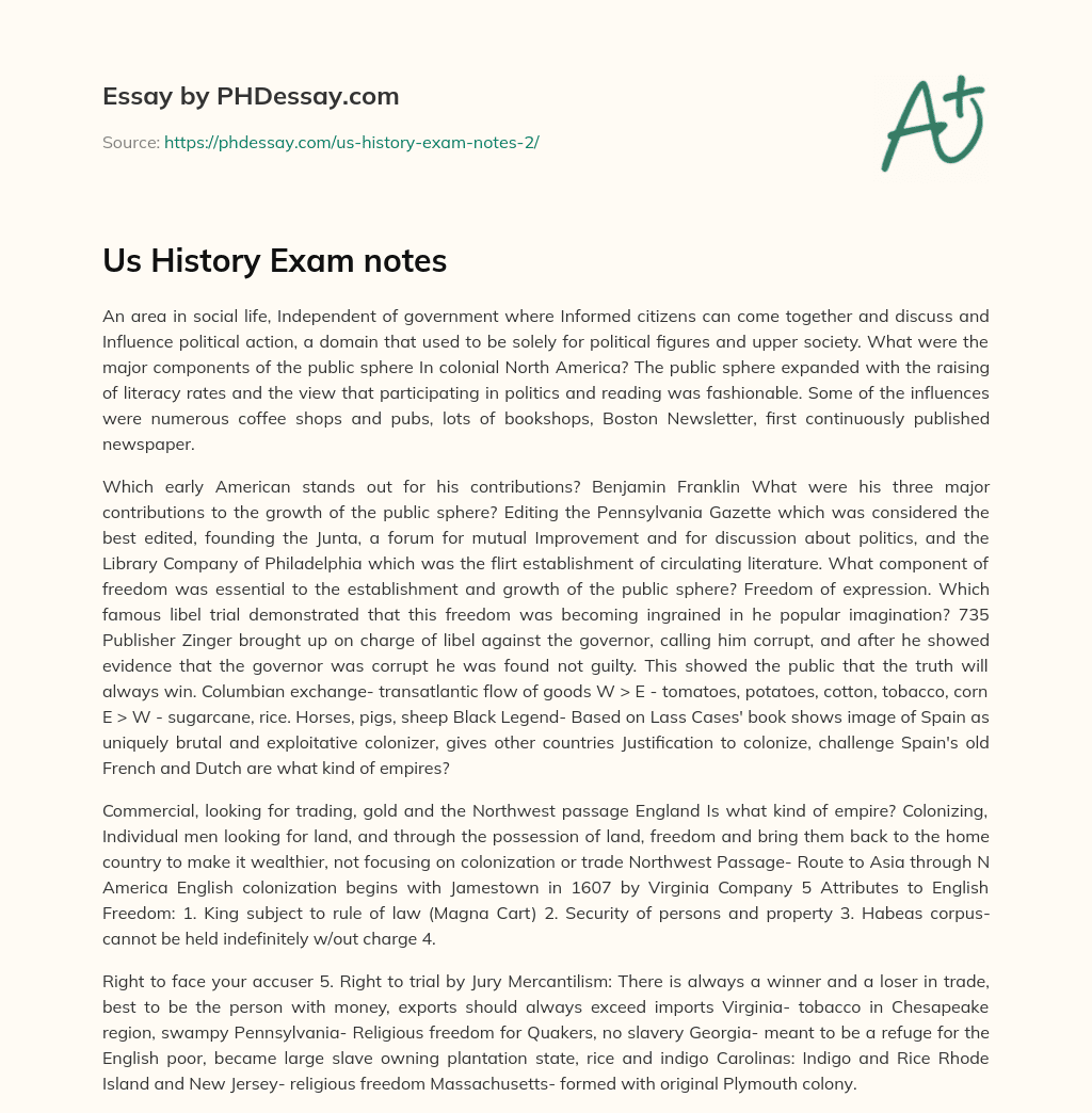 Us History Exam notes essay