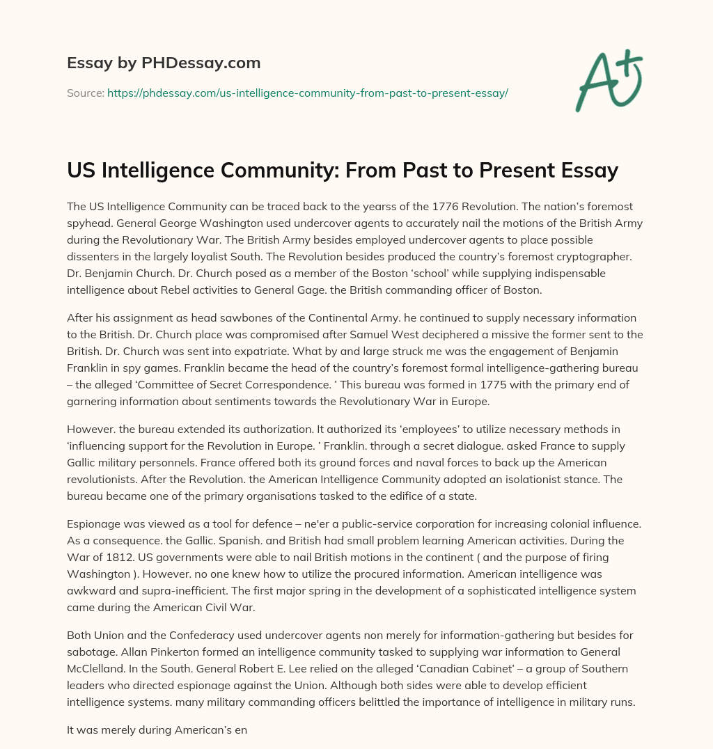 US Intelligence Community: From Past to Present Essay essay