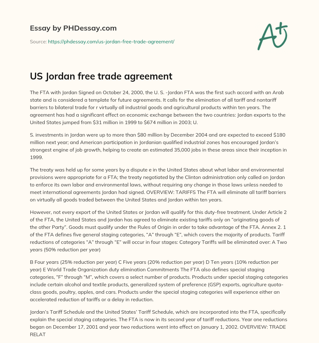 US Jordan free trade agreement essay