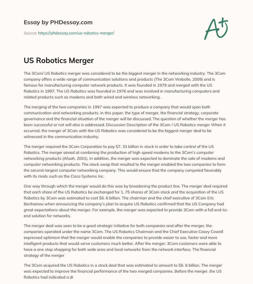 US Robotics Merger essay