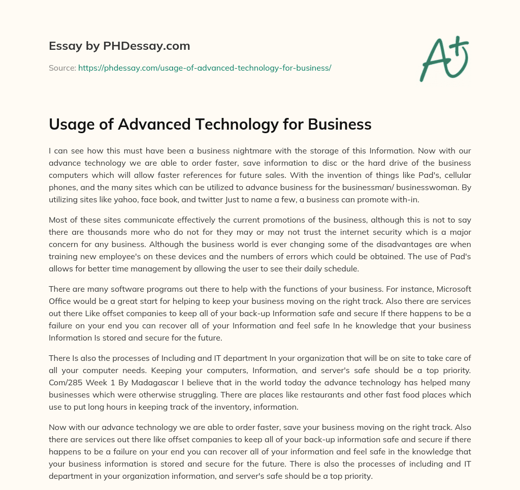 Usage of Advanced Technology for Business essay