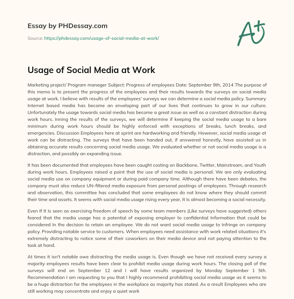 Usage of Social Media at Work essay