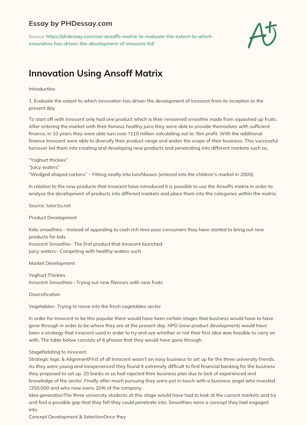 Innovation Using Ansoff Matrix essay
