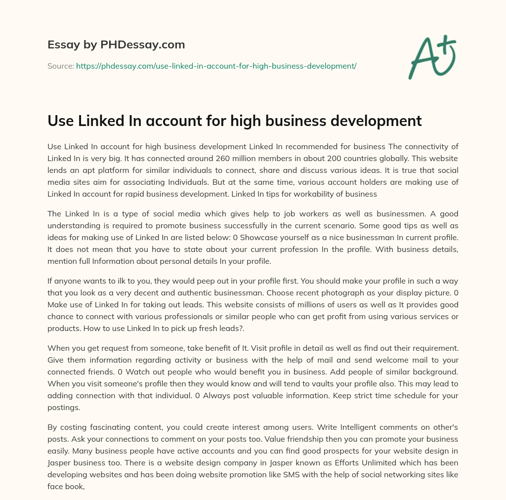 Use Linked In account for high business development essay