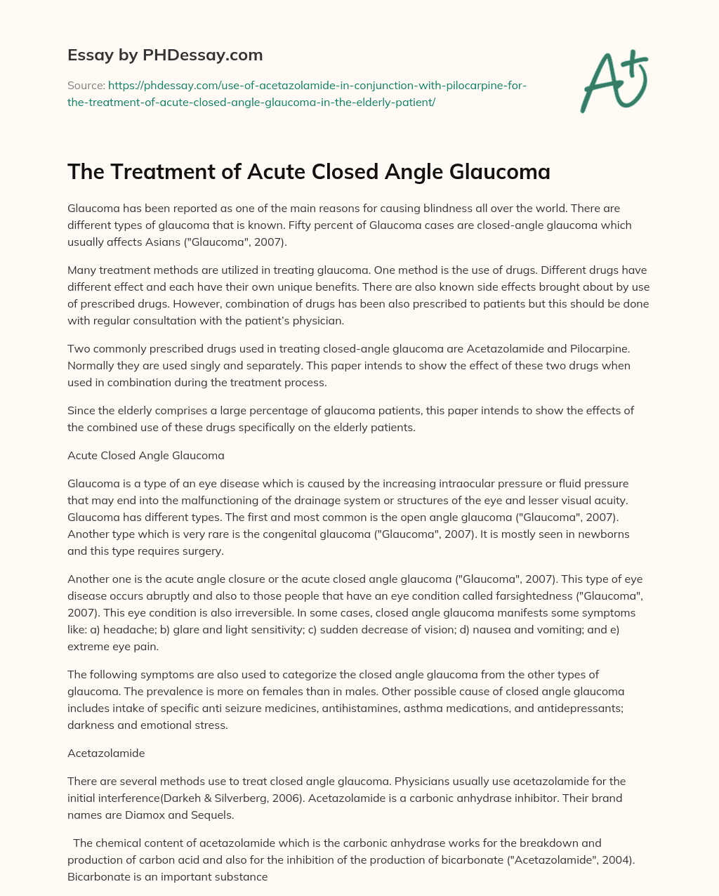 The Treatment of Acute Closed Angle Glaucoma essay