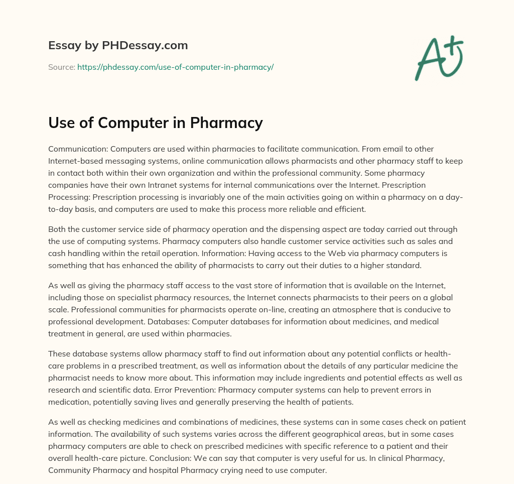 Use of Computer in Pharmacy essay