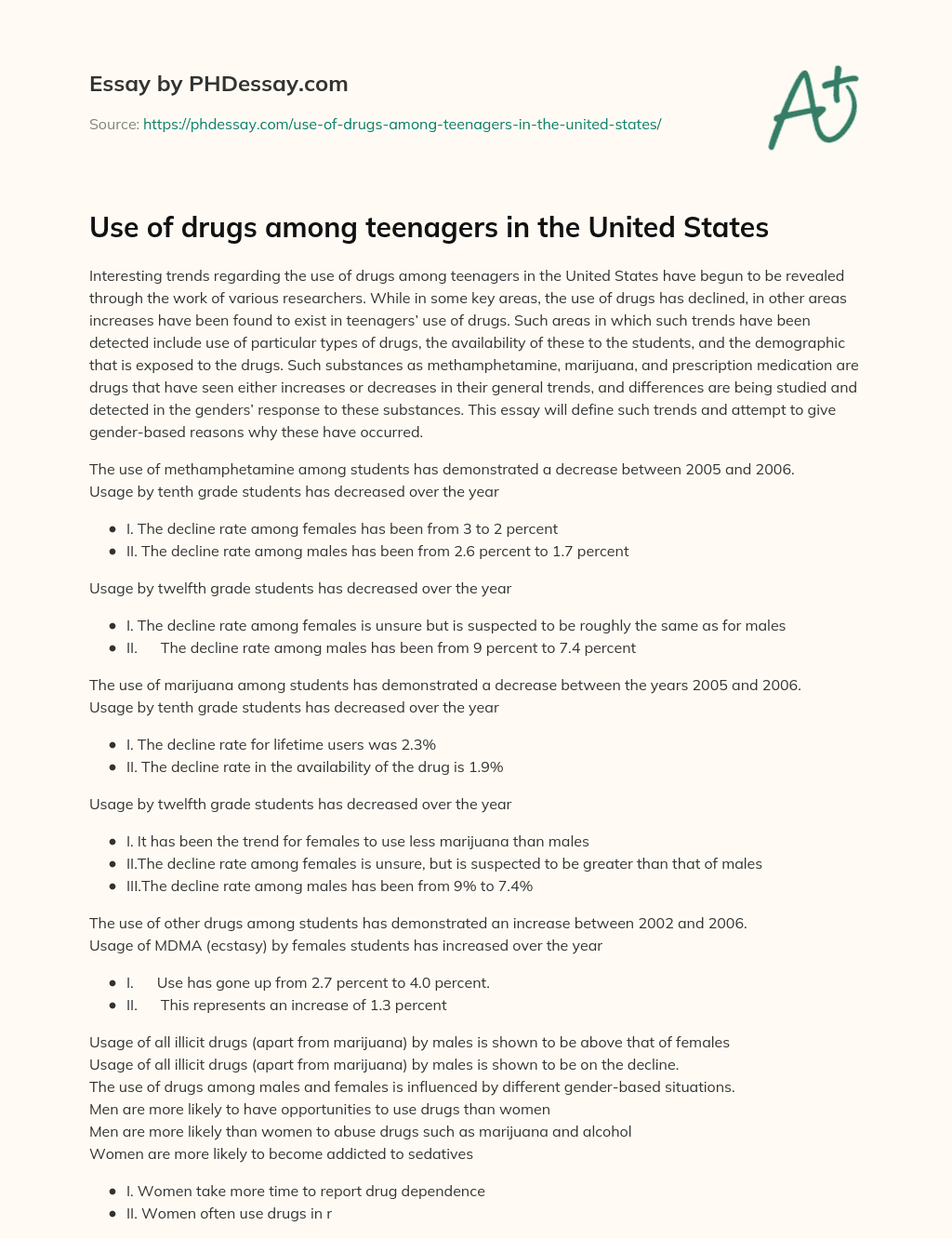 Use of drugs among teenagers in the United States essay