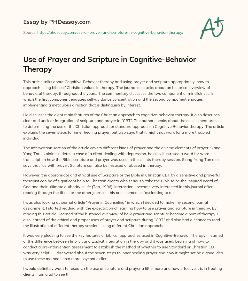 Use of Prayer and Scripture in Cognitive-Behavior Therapy essay