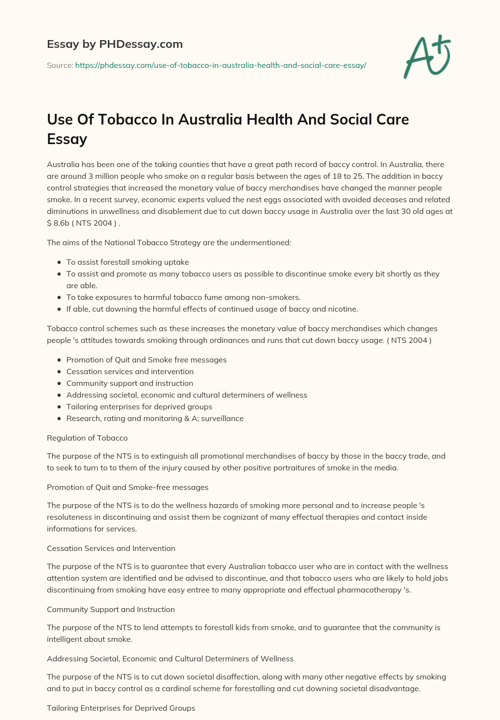 Use Of Tobacco In Australia Health And Social Care Essay essay