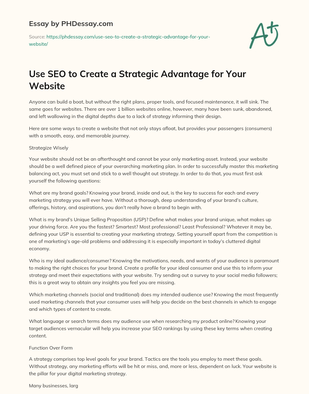 Use SEO to Create a Strategic Advantage for Your Website essay