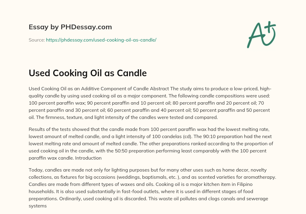 Used Cooking Oil as Candle essay