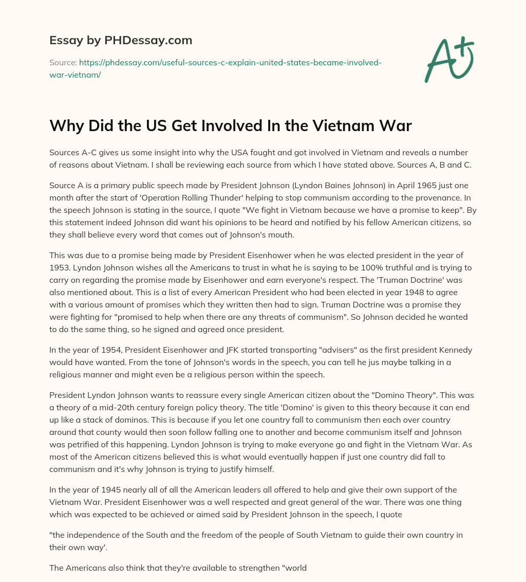 Why Did the US Get Involved In the Vietnam War essay