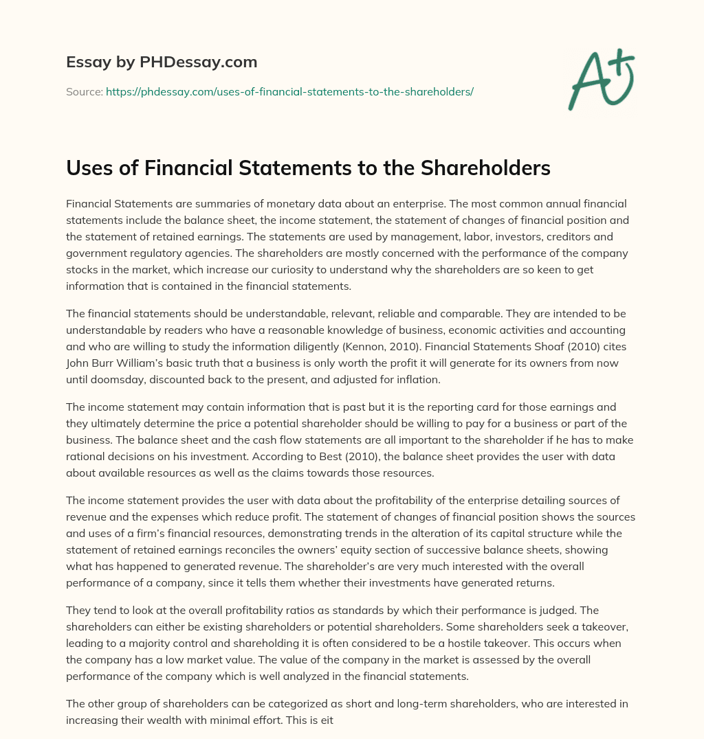 Uses of Financial Statements to the Shareholders essay