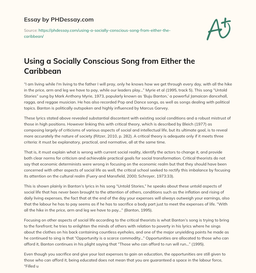 Using a Socially Conscious Song from Either the Caribbean essay