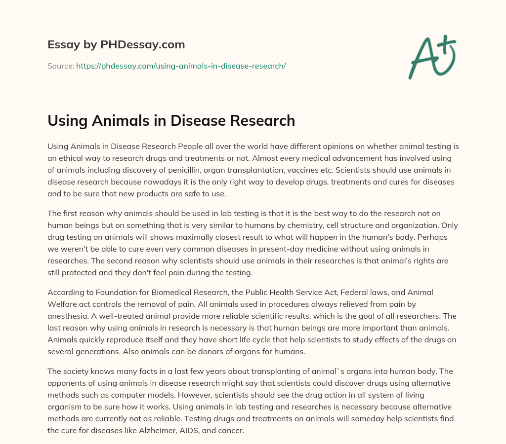 Using Animals in Disease Research (400 Words) - PHDessay.com