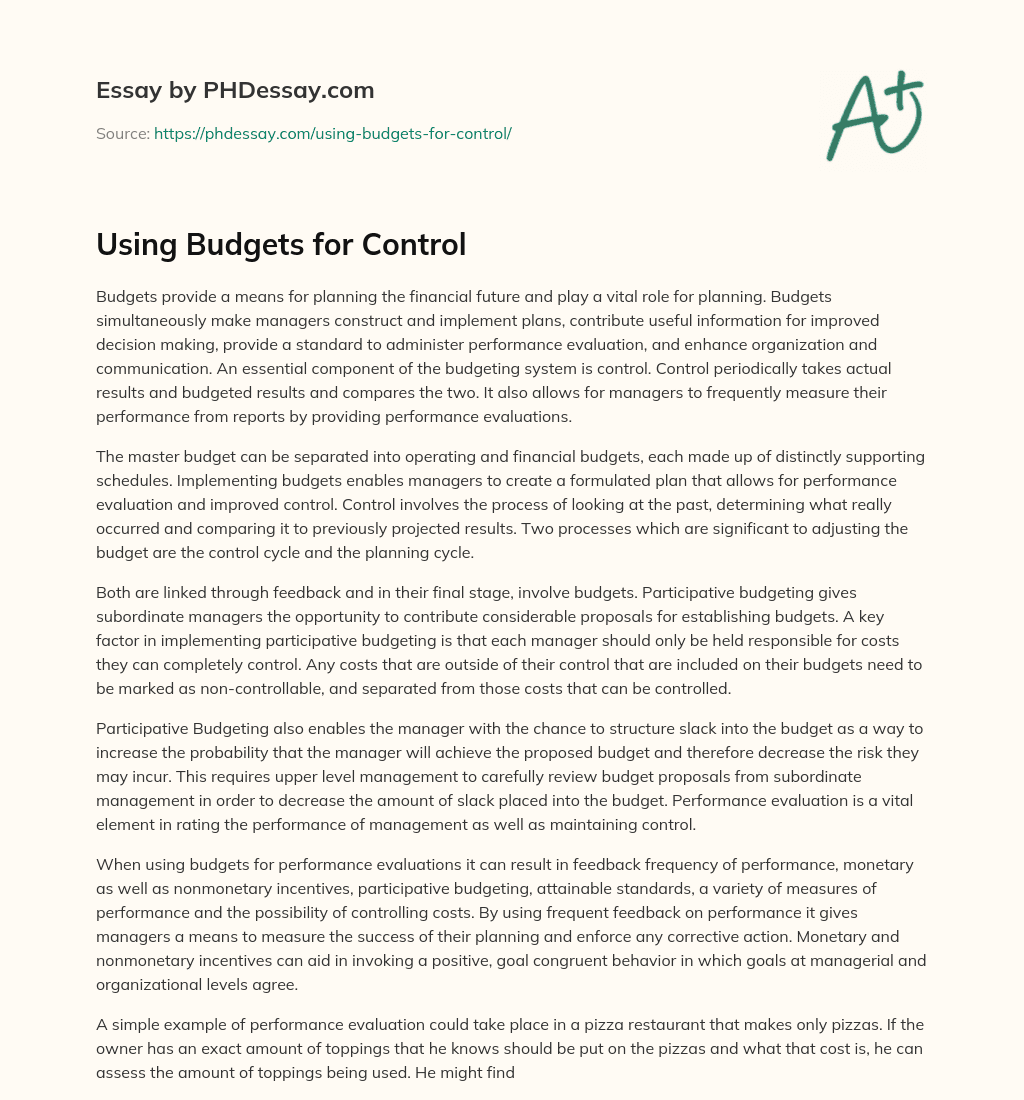 Using Budgets for Control essay