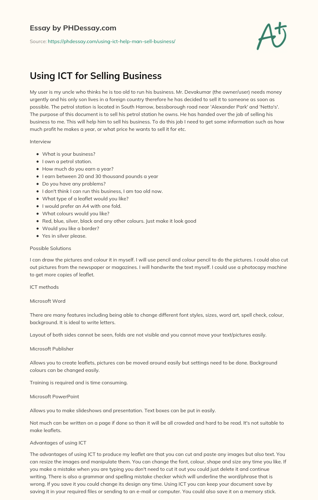 Using ICT for Selling Business essay