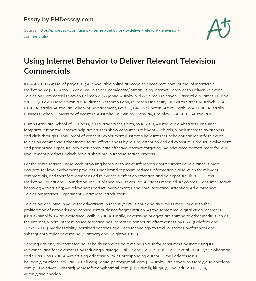 Using Internet Behavior to Deliver Relevant Television Commercials essay