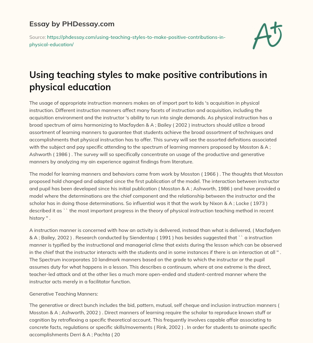 Using teaching styles to make positive contributions in physical education essay