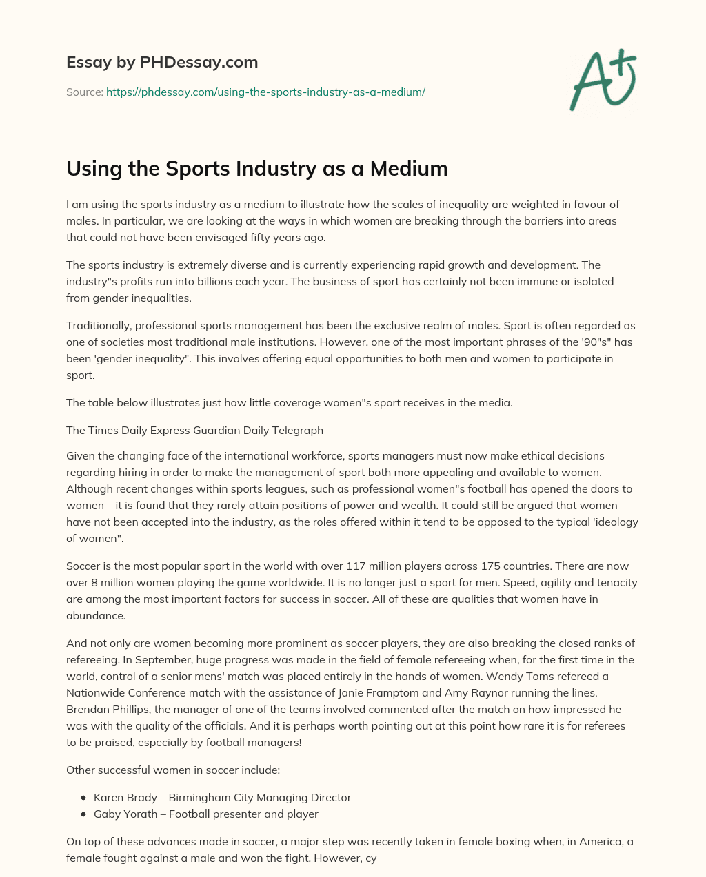 Using the Sports Industry as a Medium essay