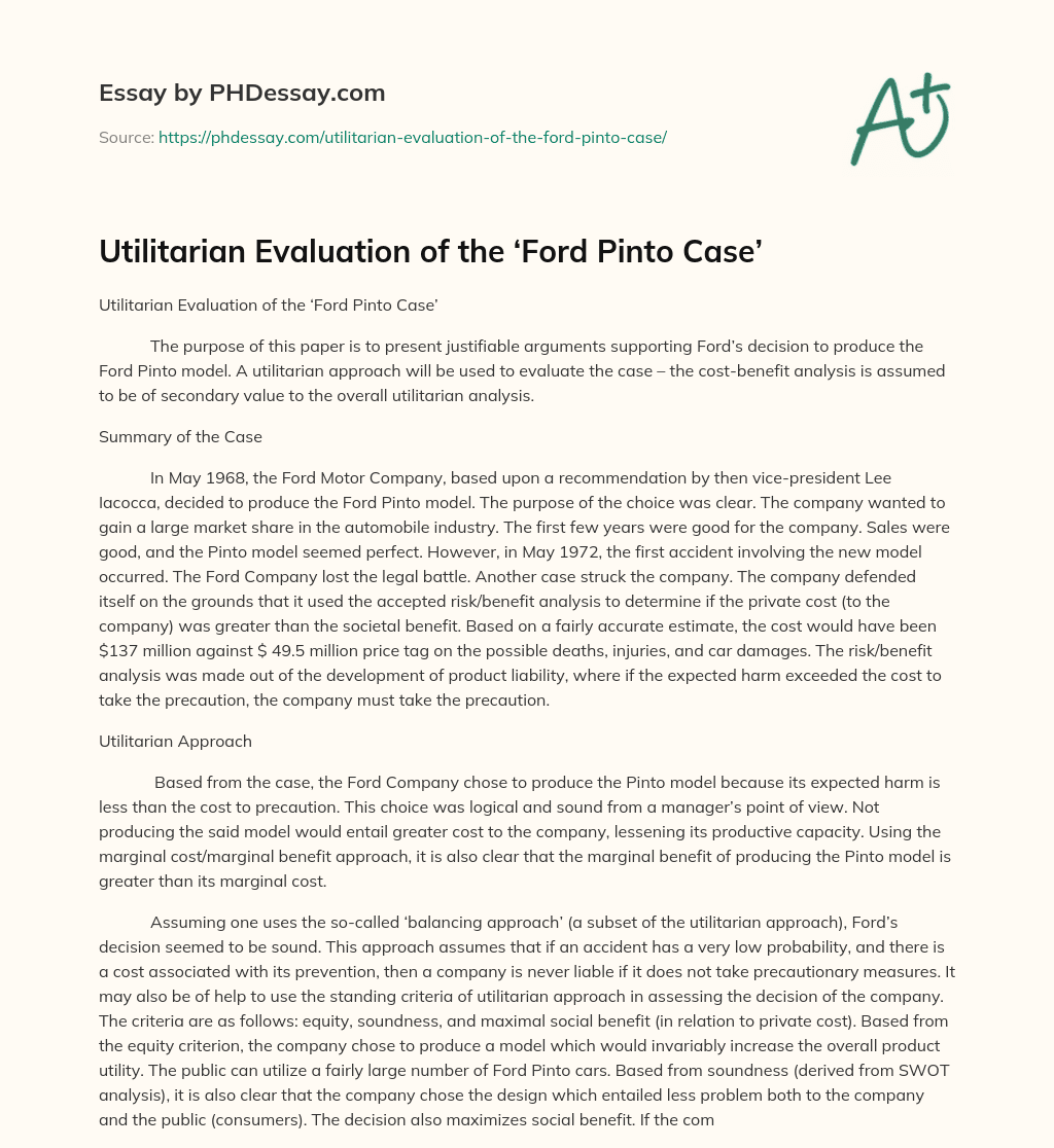 Utilitarian Evaluation of the ‘Ford Pinto Case’ essay