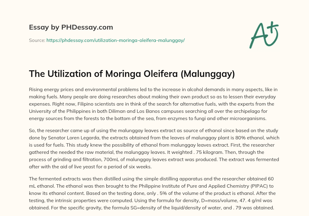 The Utilization of Moringa Oleifera (Malunggay) essay