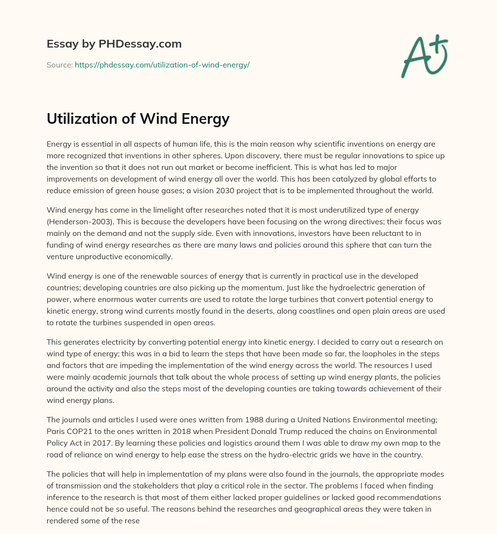 Utilization of Wind Energy essay